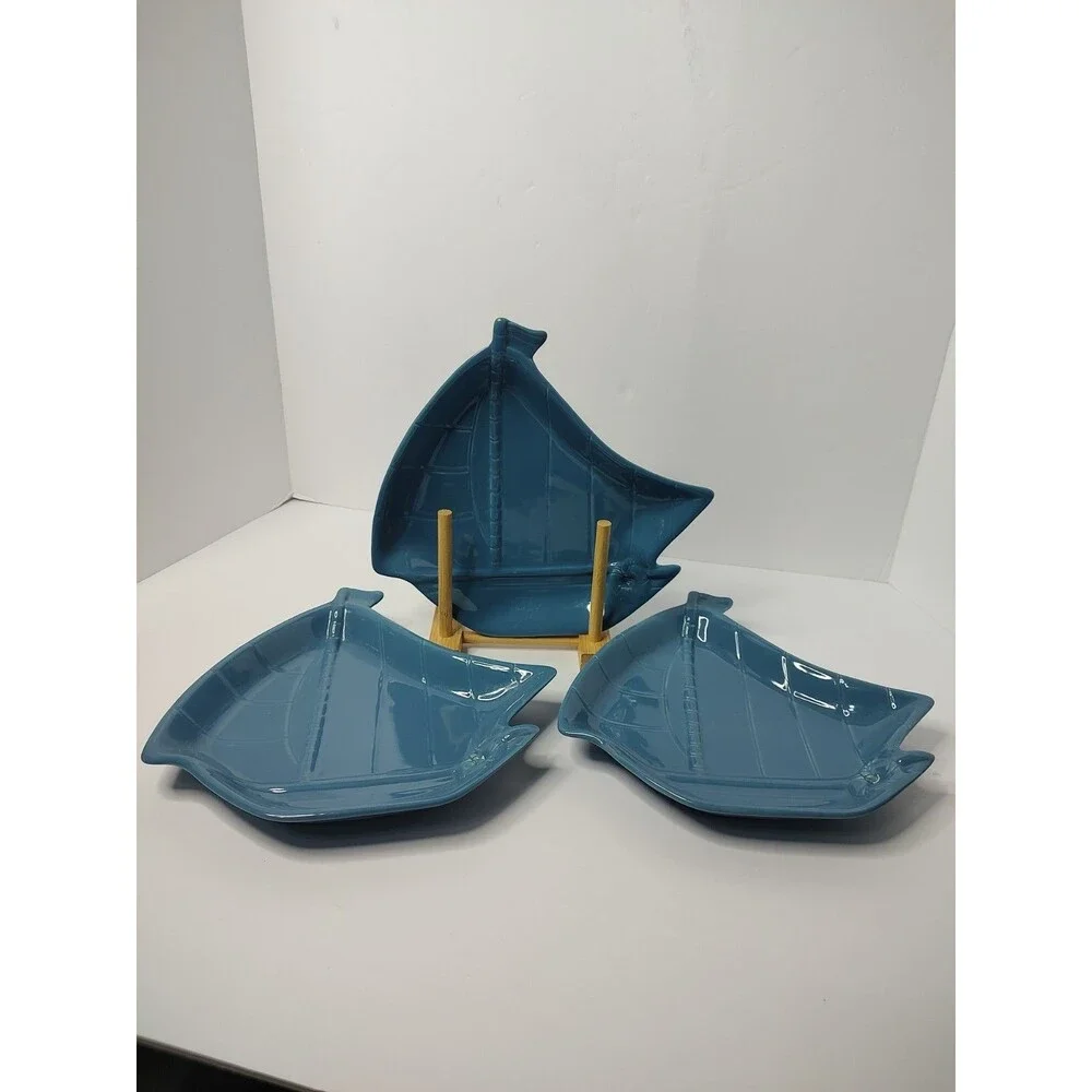 Baum Bros Style Eyes Blue Sailboat Ceramic Accent Salad Plates 8.5